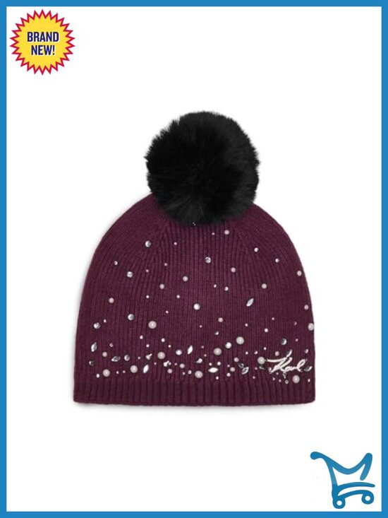 Faux Fur Pom Beanie with Crystal and Pearl Studs